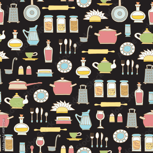 Vector seamless pattern with hand drawn colored kitchen utensils on gray color