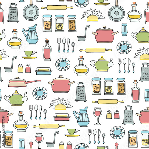 Vector seamless pattern with hand drawn colored kitchen utensils
