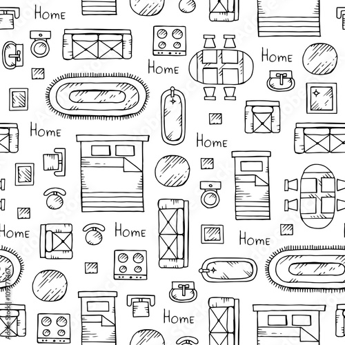 Vector seamless pattern with hand drawn isolated furniture on white color