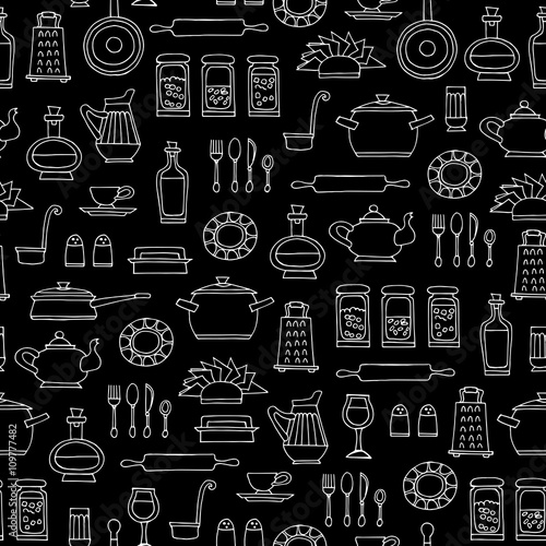 Vector seamless pattern with hand drawn isolated kitchen utensils on black color