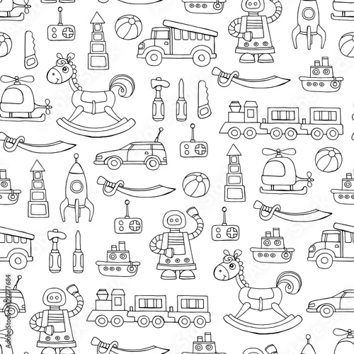 Vector seamless pattern with hand drawn toys for boys on white color