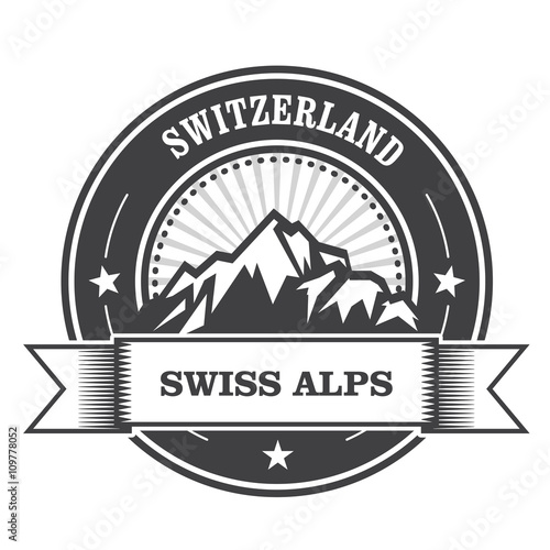 Alps Mountains stamp - Switzerland label with ribbon
