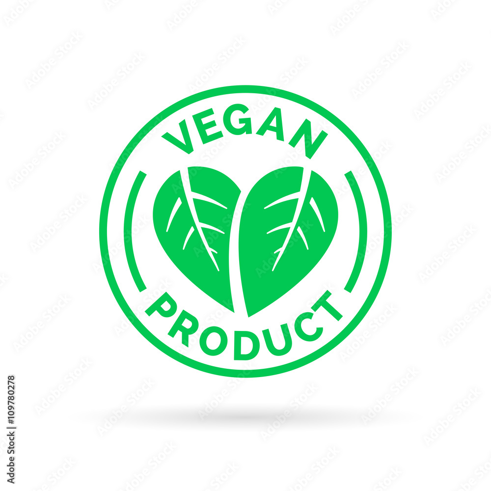 Vegan product icon design. Vegan product symbol. Vegan product stamp with leaves in heart shape design. Vector illustration. Vegan product icon design. Vegan product symbol. Vegan product stamp with leaves in heart shape design. Vector illustration.