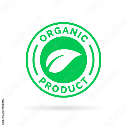Organic product icon design. Organic product symbol. Organic product stamp with leaf shape design. Vector illustration.