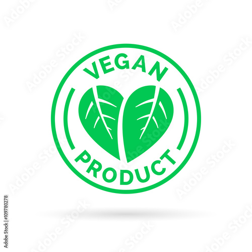 Vegan product icon design. Vegan product symbol. Vegan product stamp with leaves in heart shape design. Vector illustration.