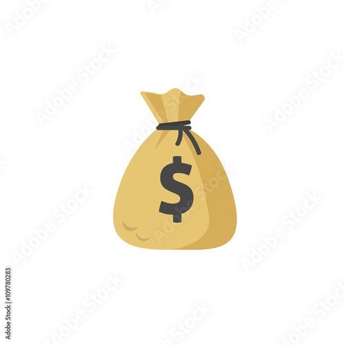 Money bag vector sack icon, moneybag flat simple cartoon illustration with black drawstring and dollar sign isolated on white background