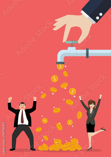 Hands are carrying coins falling out of the water tap