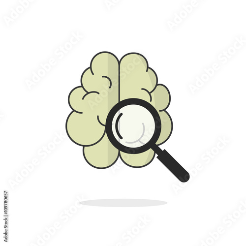 Human brain scan vector icon, flat brain symbol with magnifier glass, brain scanning, investigation, oncology learning, medical research, analysis linear outline logo design illustration isolated