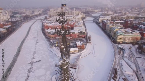 Flight above Monument to Peter the Great, WINTER Moscow city cowered in snow and ice, Aerial FPV Drone Flights, UltraHD 4K