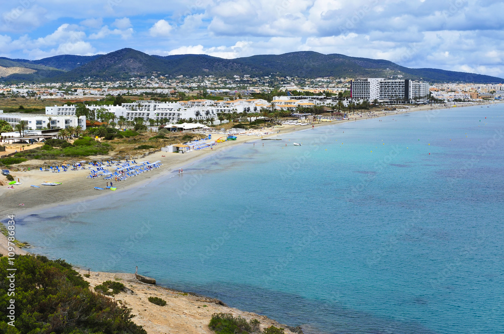 Platja den Bossa beach in Ibiza, Spain