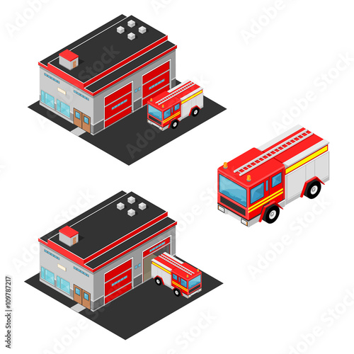Vector isometric icon illustration of a Fire Department with fire engine.
Emergency fire services concept.