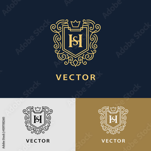 Line graphics monogram. Elegant art logo design. Letter SH. Graceful template. Business sign, identity for Restaurant, Royalty, Boutique, Cafe, Hotel, Heraldic, Jewelry, Fashion. Vector elements