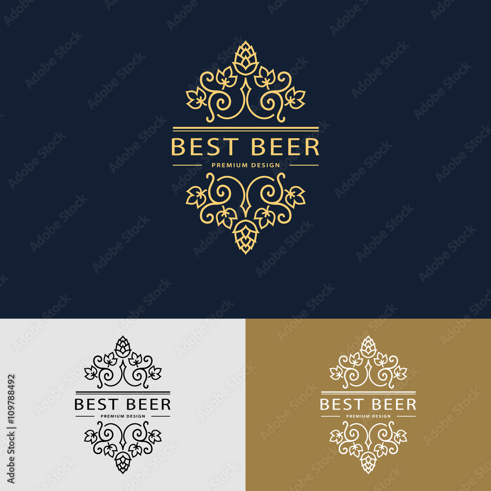 Line graphics monogram. Logo design. Flourishes frame ornament template with hops and leaves for logos, labels, emblems for beer house, bar, pub, brewing company, brewery, tavern. Vector illustration Line graphics monogram. Logo design. Flourishes frame ornament template with hops and leaves for logos, labels, emblems for beer house, bar, pub, brewing company, brewery, tavern. Vector illustration