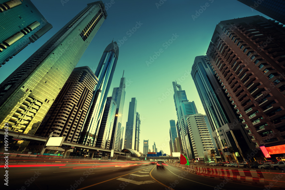 Fototapeta premium Sheikh Zayed Road in sunset time, Dubai, UAE