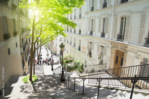 morning Montmartre staircase in Paris, France