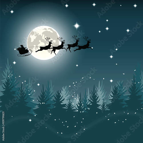 Christmas Eve card with Santa's sleigh and reindeer flying over the city. Christmas fairy night. Vector