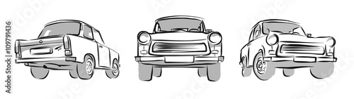 Old East german Car, Three Views. Vector Sketch