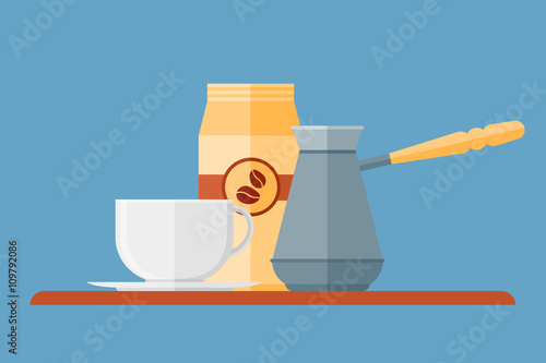 Coffee shop flat style horizontal banner. Coffee cup, pot and packaging on blue background. Vector illustration.