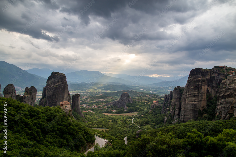 Beautiful dramatic sky with sun beam in Meteora, central Greece, Europe