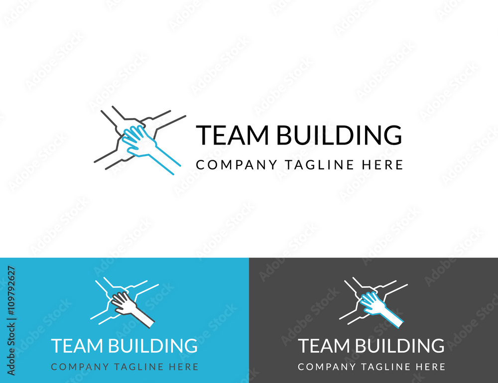 Team building business logo design in three colors such as white, blue and dark gray. Line contour logotype for collaboration and professional corporate support isolated on white. Text outline