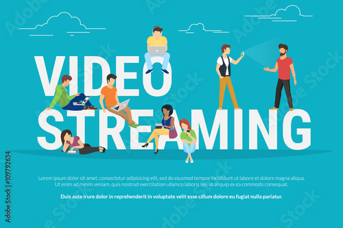 Video streaming concept illustration of young various people using laptop, tablet pc and smartphone to watch live video streaming via internet. Flat design of guys and women staying near big letters