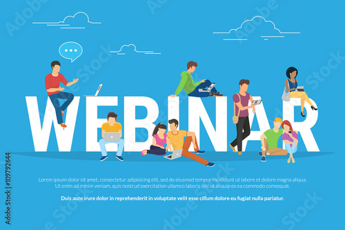 Webinar concept illustration of young various people using laptop, tablet pc and smartphone to watch online webinar with skilled instructor. Flat design of guys and young women staying near big