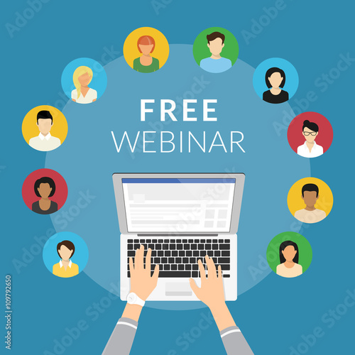 Free webinar concept illustration of human hands typing on the laptop to unit various people on the free webinar. Flat design of guys and young women participating in distance learning webinar