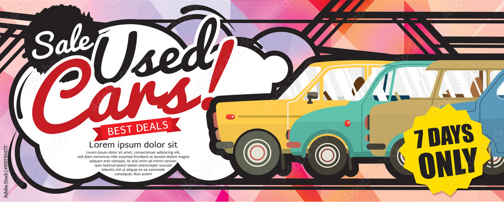 Fototapeta premium Shock Price Used Cars Sale 1500x600 pixel Banner Vector Illustration.