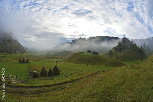 mountain landscape in summer morning, Romania, Fundatura Ponorului photo