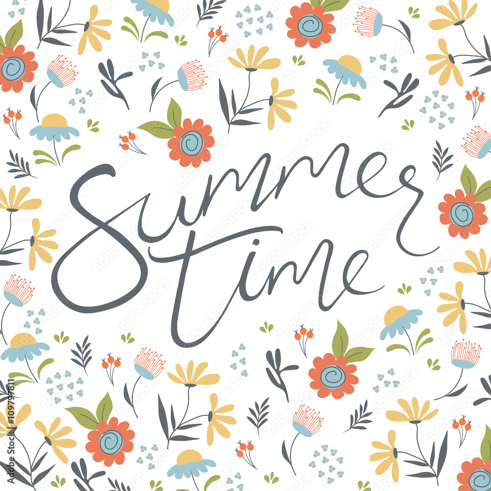 Summer time lettering on the floral background