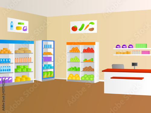 Grocery food store shop interior illustration vector