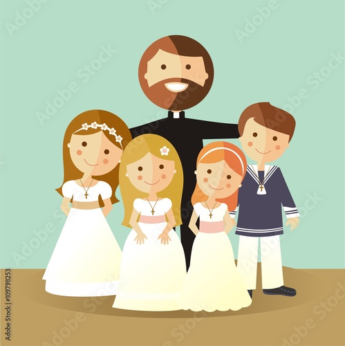 Primera comunión. Grupo de niños y un sacerdote