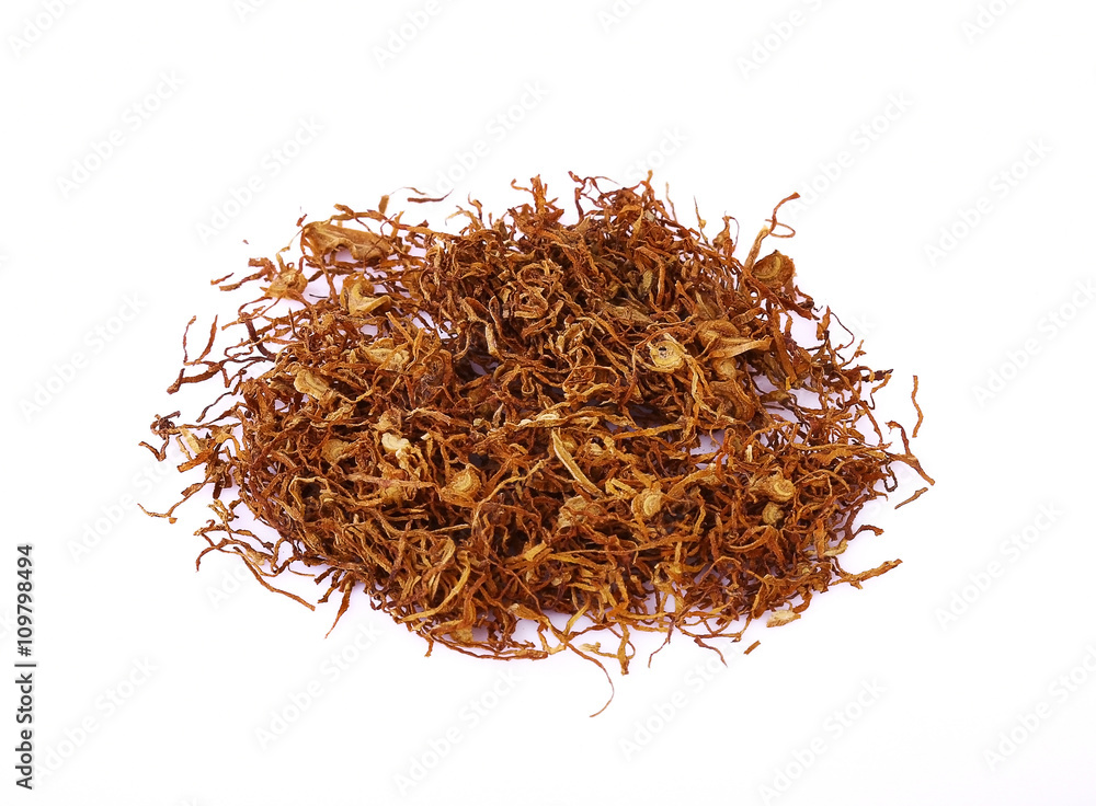 Fototapeta premium Tobacco pile and cigarette on white background