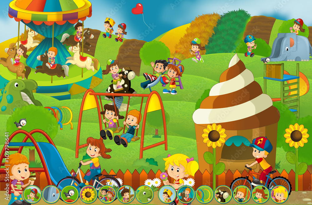 Cartoon scene of kids playing in the funfair - matching game - illustration for children Cartoon scene of kids playing in the funfair - matching game - illustration for children