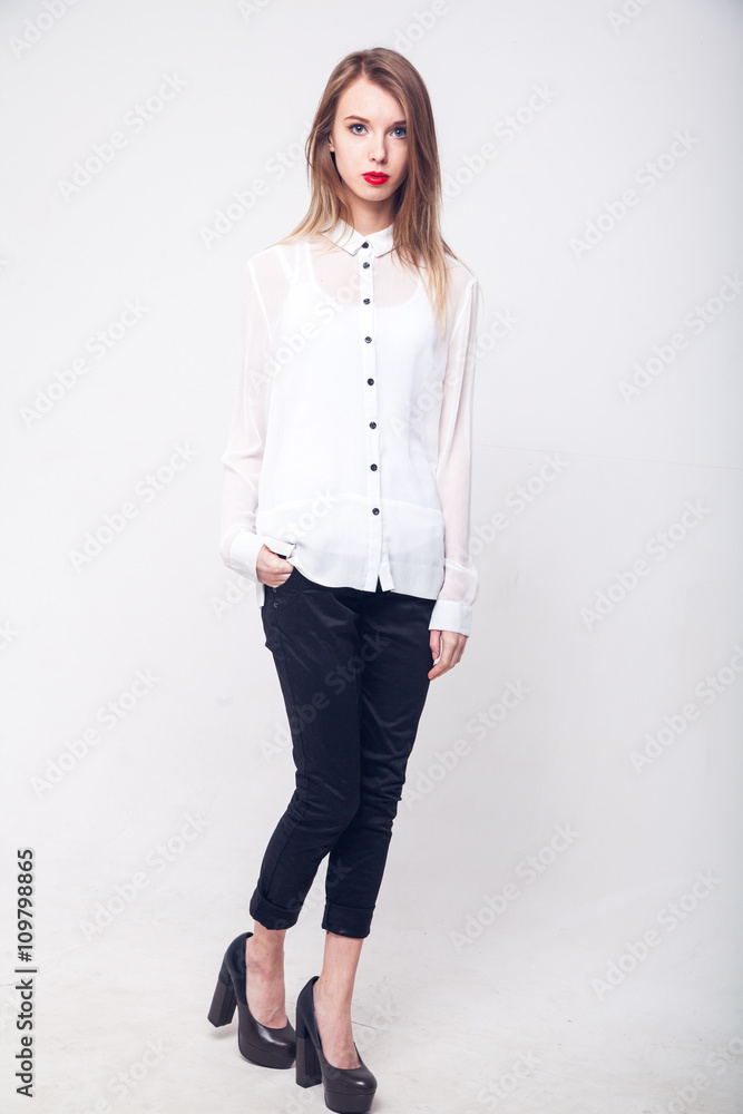Contemporary Clothing Design. Modish Woman in White Blouse and Pants. Fashion Contemporary Clothing Design. Modish Woman in White Blouse and Pants. Fashion