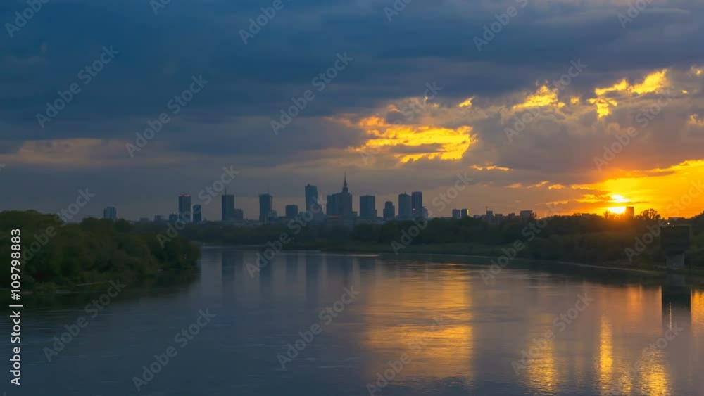 Timelapse with view on Cityscape of Warsaw City and Buildings and Wisla River at Sunset Timelapse with view on Cityscape of Warsaw City and Buildings and Wisla River at Sunset