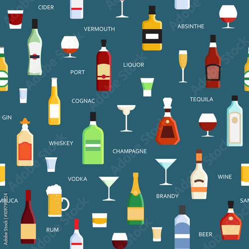 Alcohol bottles vector seamless pattern