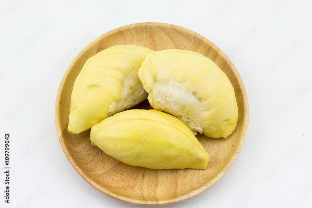Durian in wooden dish white background 