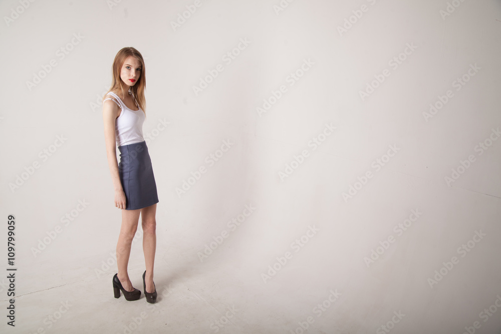girl beautiful portrait posing white jersey skirt white background girl beautiful portrait posing white jersey skirt white background
