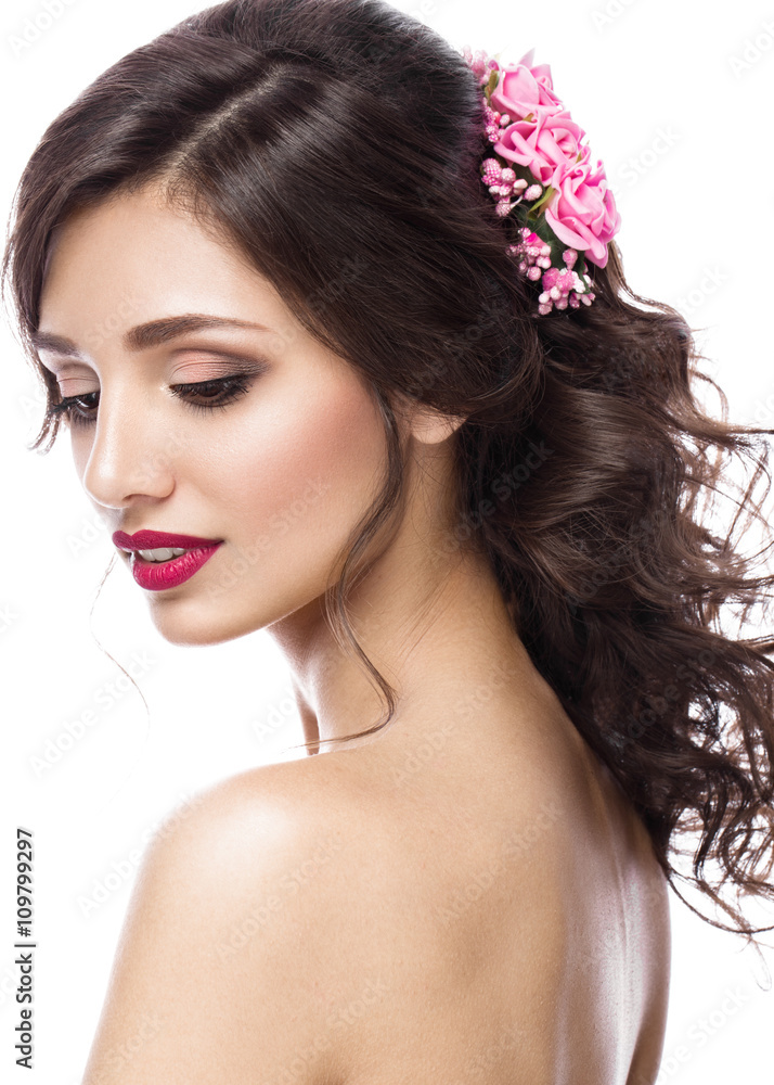 beautiful  girl  in image of the bride with purple flowers on her head. Beauty face. 