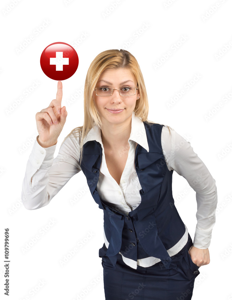 Woman showing red cross symbol on finger Woman showing red cross symbol on finger