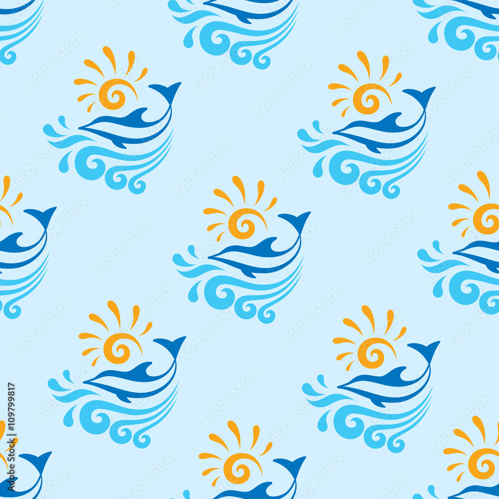 Dolphin with sea, waves & sun - vector background - seamless pattern. Dolphin seamless background. Sea seamless background pattern. Dolphin with sea waves and sun - vector sign on blue background.