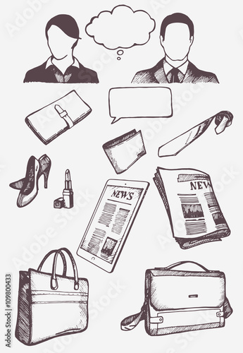Set of hand drawn objects for business people. Vectorial isolated elements.