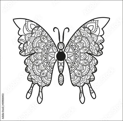Black and white mandala butterfly vector for coloring, farfalla mandala in bianco e nero vettoriale da colorare
