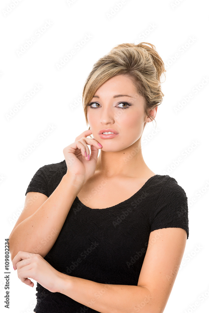 Portrait of concerned young blonde, on grey background Portrait of concerned young blonde, on grey background
