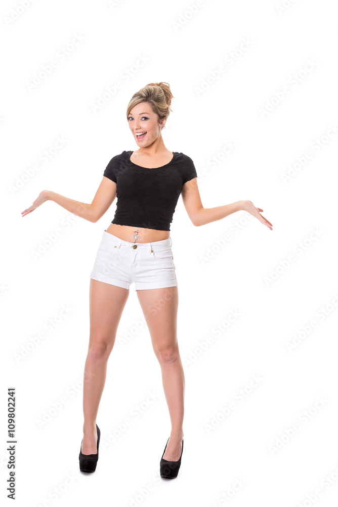 Happy young blonde, full length on white; space for text Happy young blonde, full length on white; space for text