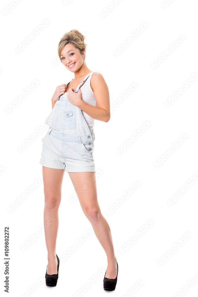 Pretty young blonde, in overalls, with space for text Pretty young blonde, in overalls, with space for text