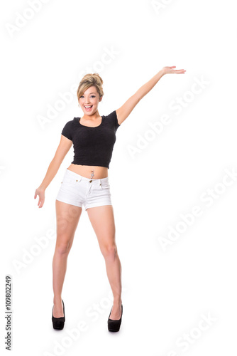 Happy young blonde,  full length on white; space for text