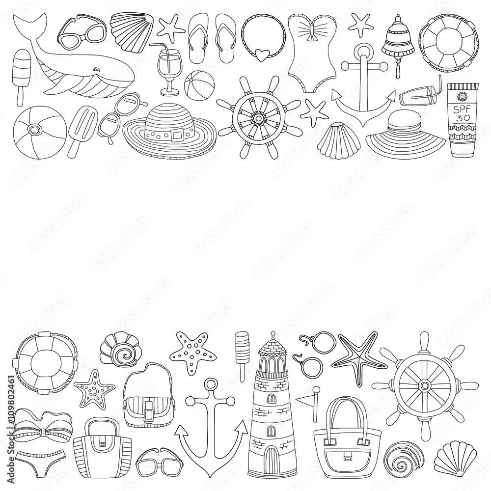 Big set with doodle images about beach fashion and travel Big set with doodle images about beach fashion and travel