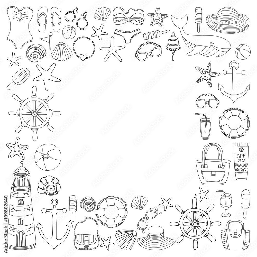 Big set with doodle images about beach fashion and travel Big set with doodle images about beach fashion and travel